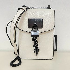 DKNY Elissa North South Leather Phone Carrier Crossbody White & Black Logo